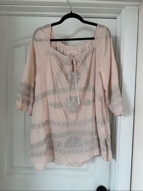 Johnny Was 3J Workshop Embroidered Cotton Tunic Peasant Top Light Pink Womens L